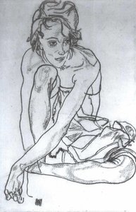 Hurkend met uitgestrekte linkerarm door Egon Schiele